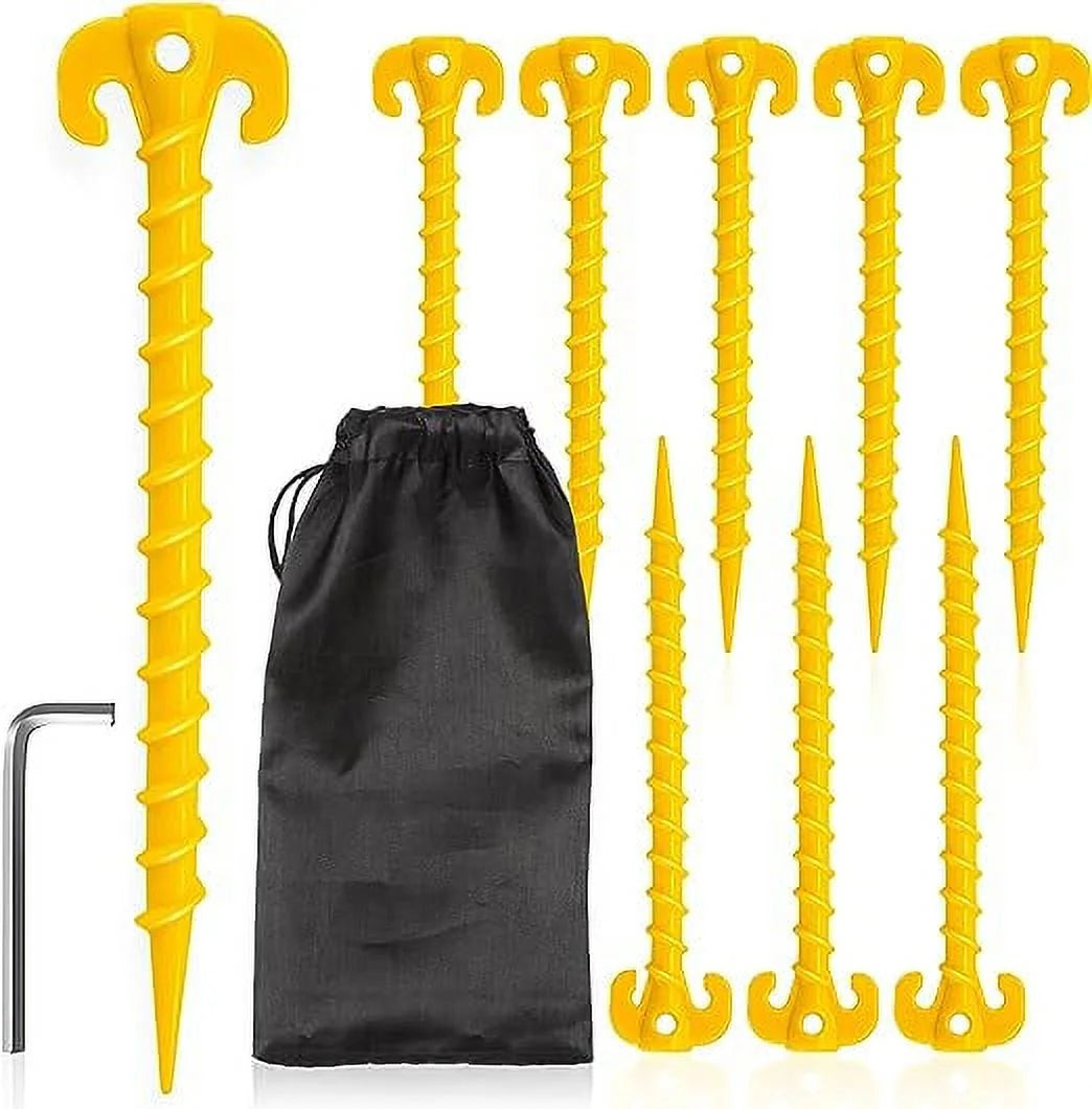 Kotto Large 10 inch Yellow Outdoor Tent Stakes Ultimate Ground Anchor Pegs, 8-Pack Heavy Duty Screw Style Plastic Ground Stakes