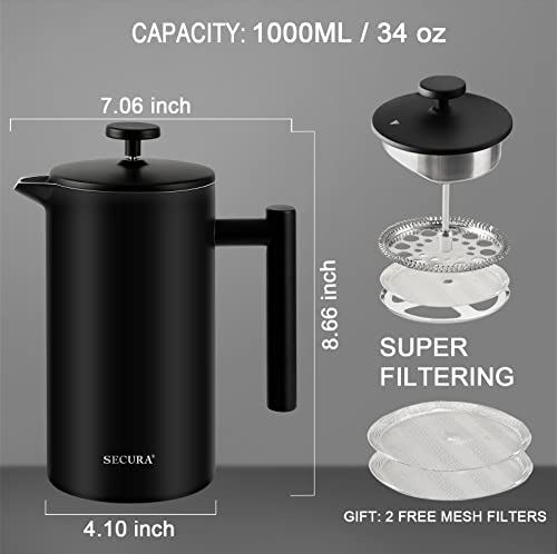 Secura French Press Coffee Maker, 34oz Stainless Steel Insulated, Silver W447