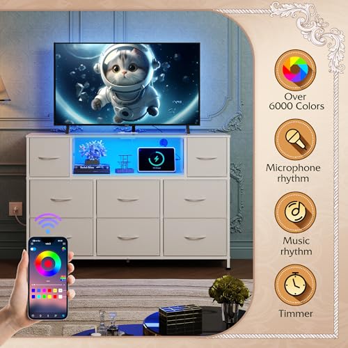 WLIVE Dresser for Bedroom with Charging Station and LED Lights, 8 Drawer R754