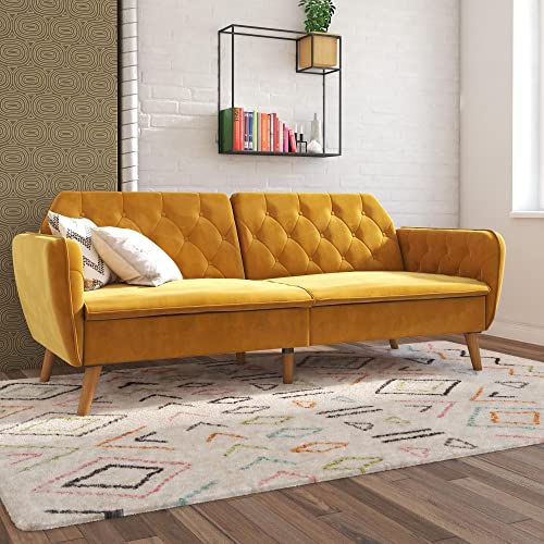 Novogratz Tallulah Memory Foam Futon Convertible Couch, Camel Faux Leather F5939