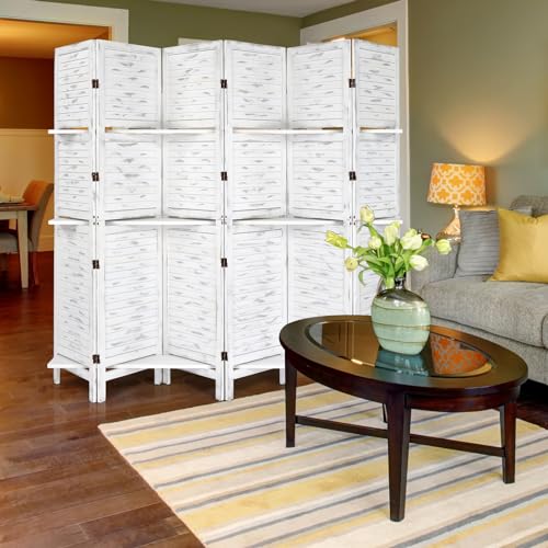 Bonnlo 6 Panel Wood Room Divider with Shelves, 6 FT Folding Privacy Screen T6528