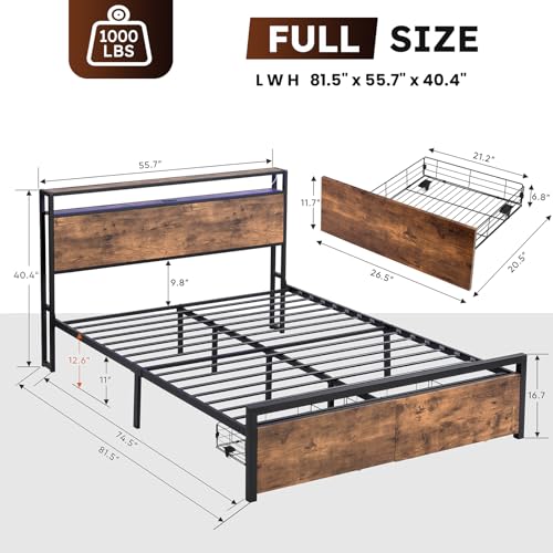 Queen Size Bed Frame with 4 Storage Drawers, LED, Charging Station, Gray L1115