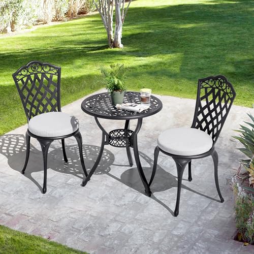 NUU GARDEN 3 Piece Cast Aluminum Bistro Set with Umbrella Hole, Black N80118