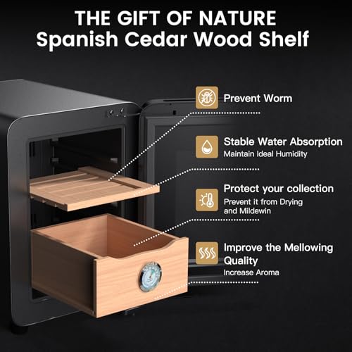 KingChii 16L Electric Cigar Humidor Cabinet with Temperature Control and Spanish Cedar Shelves H300