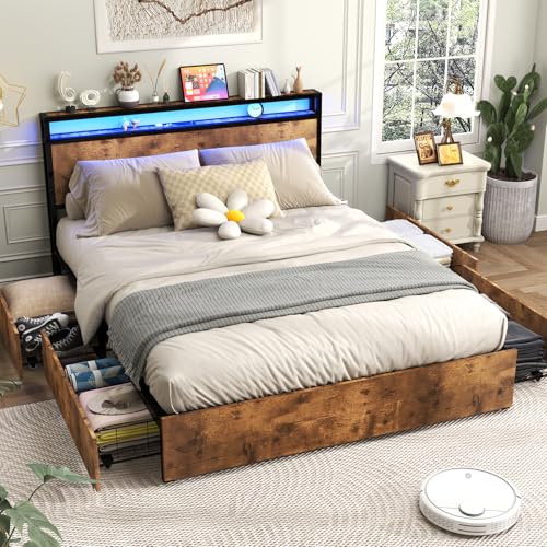 Queen Size Bed Frame with 4 Storage Drawers, LED, Charging Station, Gray L1115