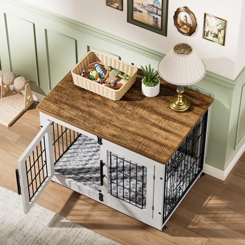 Lulive Dog Crate Furniture for Medium Dogs, 32" Wooden Kennel with Cushion & Wheels, Grey D230281
