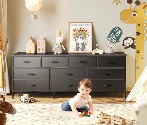 Huuger 63 Inch Dresser with 10 Fabric Drawers, Rustic Brown M836