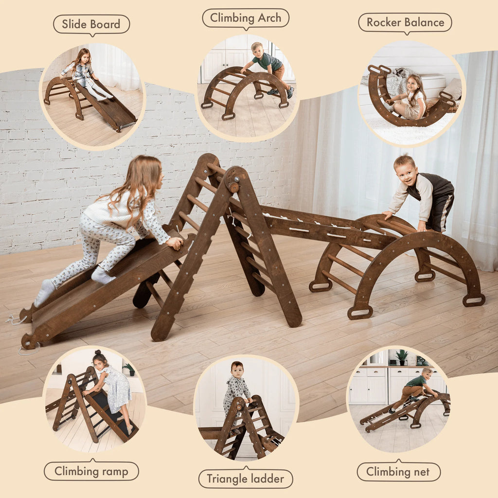 Montessori Wooden Foldable Indoor Playground with Climbing Arch, Slide Board & Spider Net for Kids K504037