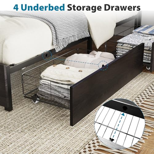 Full Size Bed Frame with Headboard, LED Lights, 4 Storage Drawers, Charging Station, Black C93321