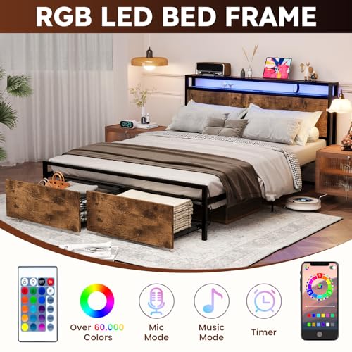 Queen Size Bed Frame with 4 Storage Drawers, LED, Charging Station, Gray L1115
