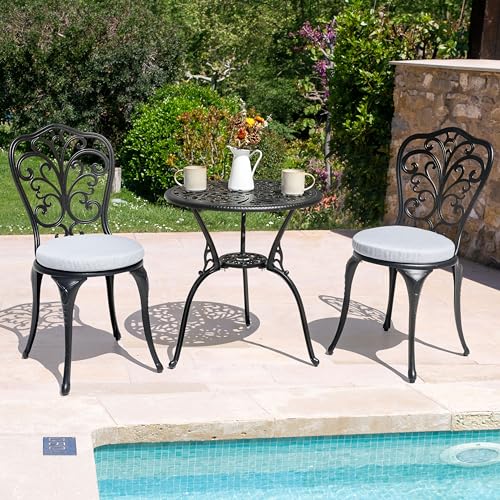 NUU GARDEN 3 Piece Cast Aluminum Bistro Set with Umbrella Hole, Black N80118
