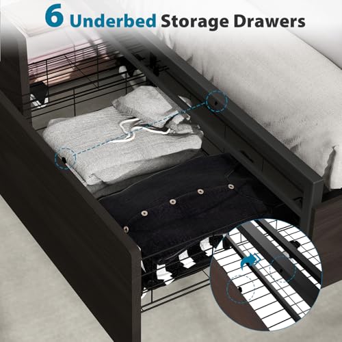 Full Size Bed Frame with Headboard, LED Lights, 4 Storage Drawers, Charging Station, Black C93321