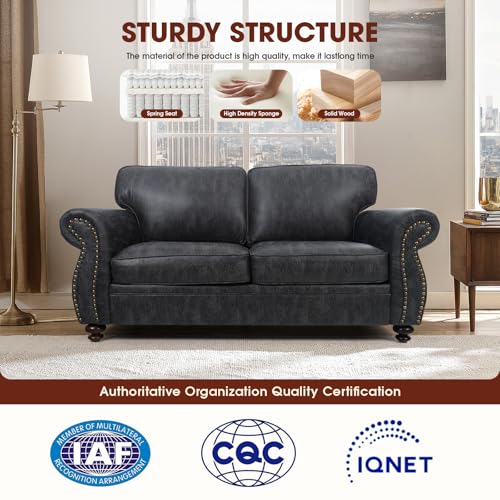 Mid-Century 3-Seater Sofa with Rivet Design, Removable Cover and Solid Wood Frame I150