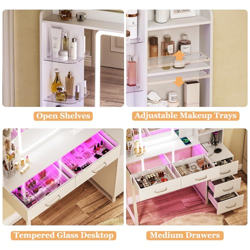 White Vanity Desk with Mirror and LED Lights, Wireless Charging L6741
