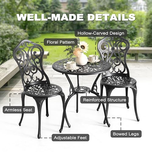NUU GARDEN 3 Piece Cast Aluminum Bistro Set with Umbrella Hole, Black N80118