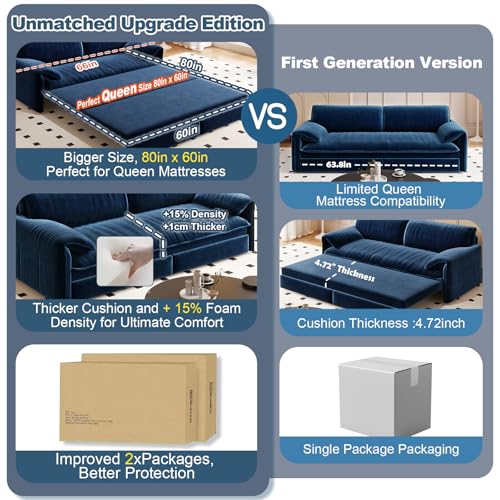 Queen Size Futon Sofa Bed with 2 Pillows, Blue V9731