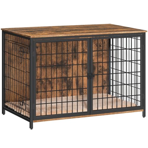 Wooden Dog Crate Furniture with Cushion, Double Doors, Greige X29262