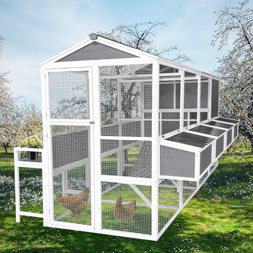 Wooden Chicken Coop with Run – 3-Tier Walk-in Poultry House for 8-10 Chickens, Gray A87110