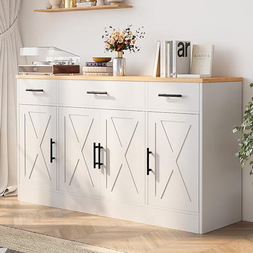 Shintenchi Buffet Cabinet with Storage, 53.4" White Farmhouse Sideboard D4274