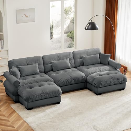 130" Modular Sectional Sofa with Movable Ottoman, Velvet Upholstered, Green Y4976