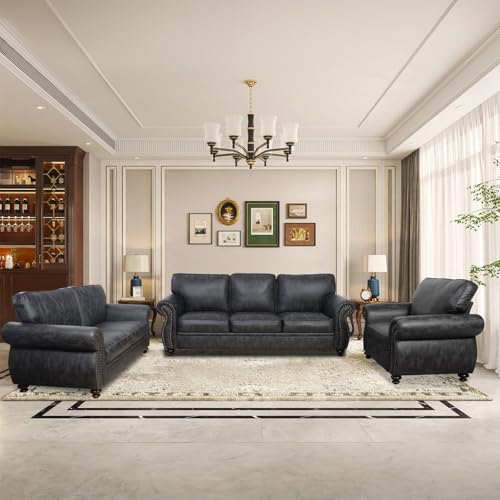 Mid-Century 3-Seater Sofa with Rivet Design, Removable Cover and Solid Wood Frame I150