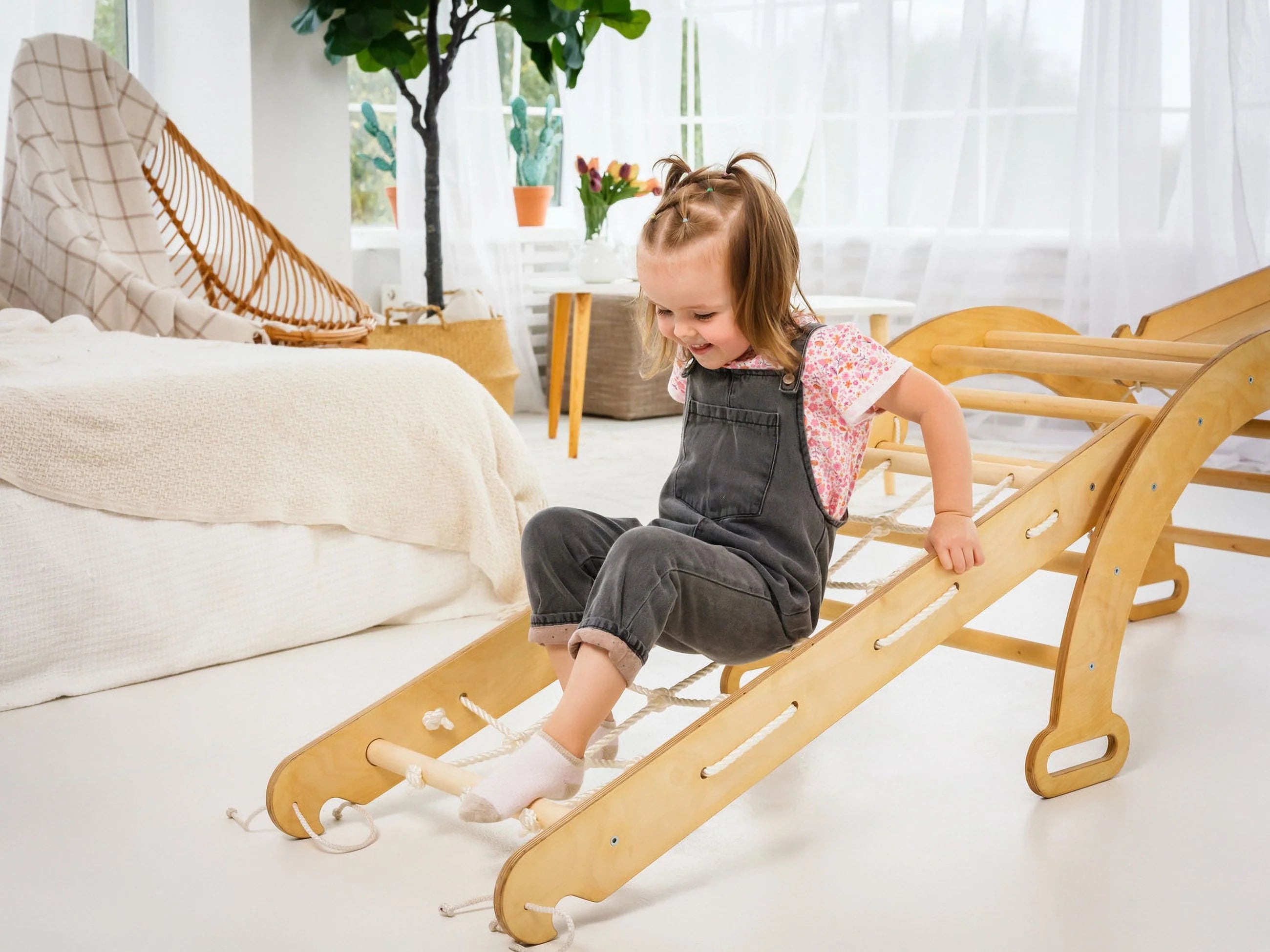 Montessori Wooden Foldable Indoor Playground with Climbing Arch, Slide Board & Spider Net for Kids K504037