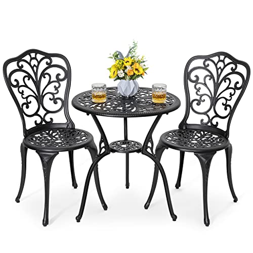NUU GARDEN 3 Piece Cast Aluminum Bistro Set with Umbrella Hole, Black N80118
