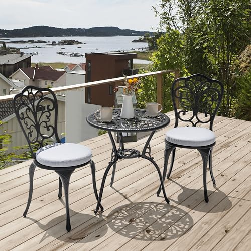 NUU GARDEN 3 Piece Cast Aluminum Bistro Set with Umbrella Hole, Black N80118