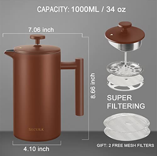 Secura French Press Coffee Maker, 34oz Stainless Steel Insulated, Silver W447