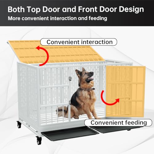 Heavy Duty Dog Crate with Wheels for Large Dogs, Folding Metal Cage with Removable Tray R395