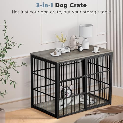 43'' Dog Crate Furniture with 3 Doors, XL Wooden End Table for Medium to Large Dogs M2208