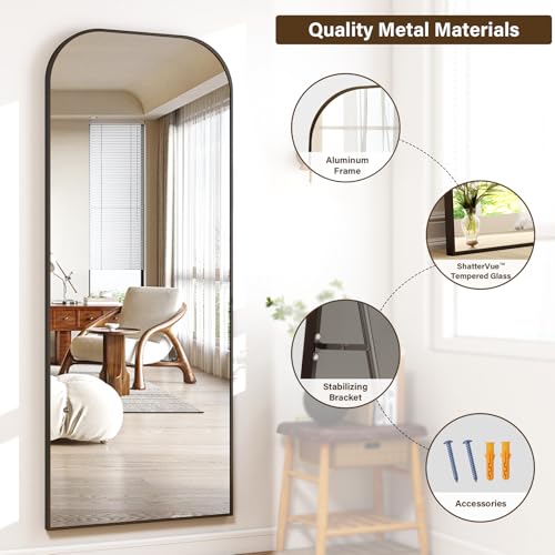 Full Length Mirror 56x21 Inch Arched Floor Standing Wall Mountable Black J48657