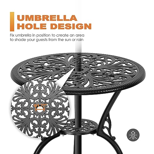 NUU GARDEN 3 Piece Cast Aluminum Bistro Set with Umbrella Hole, Black N80118