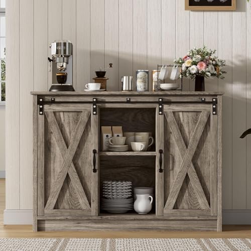 4 EVER WINNER Coffee Bar Cabinet with Sliding Barn Doors, 42" Sideboard Buffet, Espresso O37010