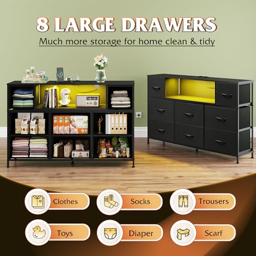 WLIVE Dresser for Bedroom with Charging Station and LED Lights, 8 Drawer R754