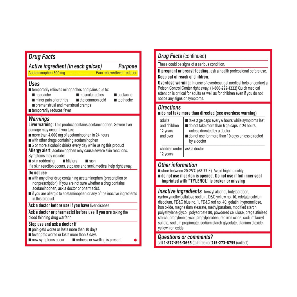 Tylenol Extra Strength Acetaminophen Rapid Release Gels, 100 ct H788