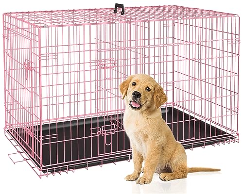 BestPet 42 Inch Folding Metal Wire Dog Crate with Double-Door and Removable Tray O49217
