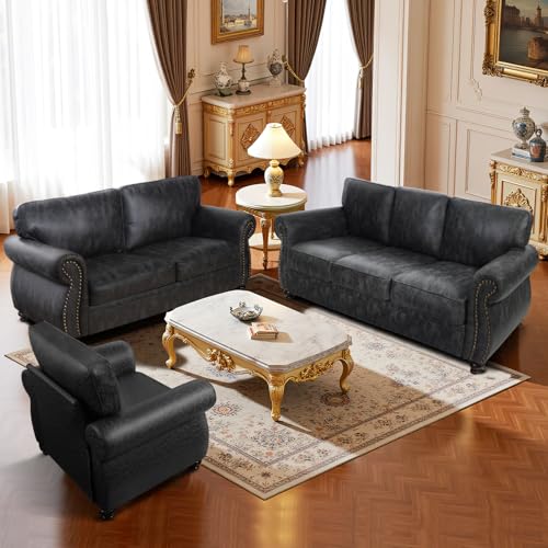 Mid-Century 3-Seater Sofa with Rivet Design, Removable Cover and Solid Wood Frame I150
