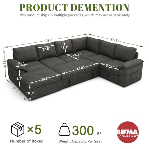 108 Inch U-Shaped Sectional Sleeper Sofa with Pull Out Bed, Dark Grey J60928