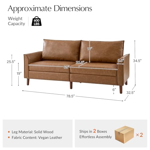 HULALA HOME 78" Faux Leather Sofa with Solid Wood Legs, Brown W53231