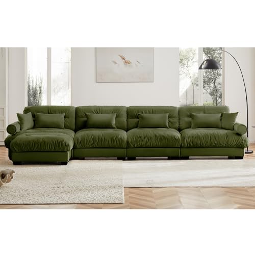 130" Modular Sectional Sofa with Movable Ottoman, Velvet Upholstered, Green Y4976