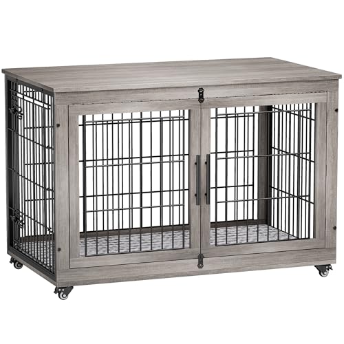Lulive Dog Crate Furniture for Medium Dogs, 32" Wooden Kennel with Cushion & Wheels, Grey D230281