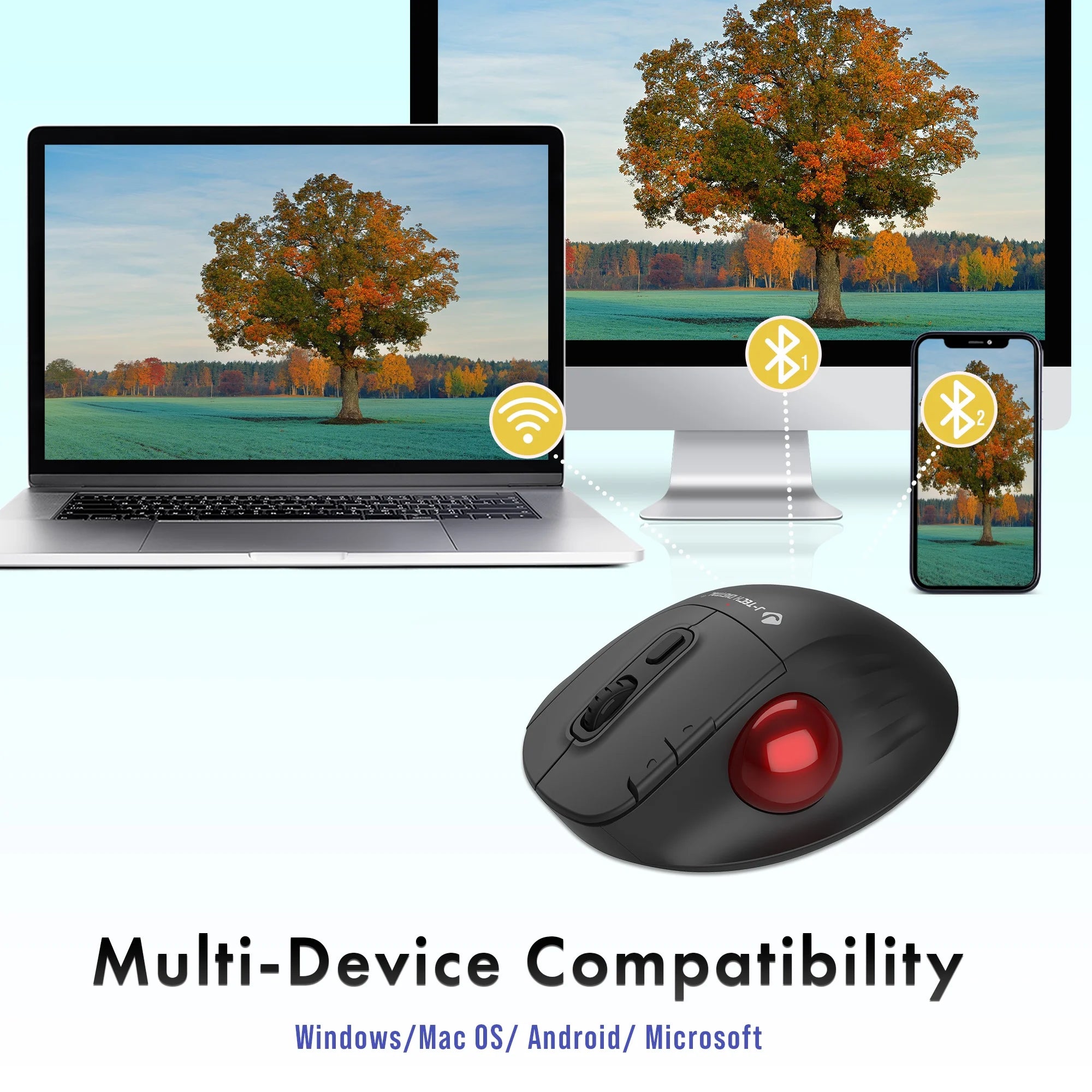Wireless Ergonomic Trackball Mouse with Thumb Control by J-Tech Digital B856