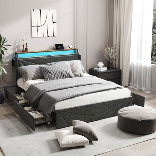 Queen Size Bed Frame with 4 Storage Drawers, LED, Charging Station, Gray L1115