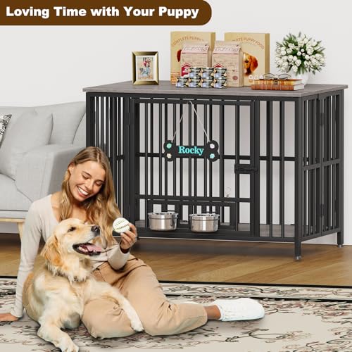 Easycom 41" Foldable Dog Crate Furniture with Adjustable Bowls, Rustic Brown M74490