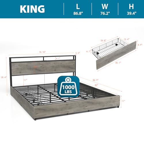 Queen Size Bed Frame with 4 Storage Drawers, LED, Charging Station, Gray L1115