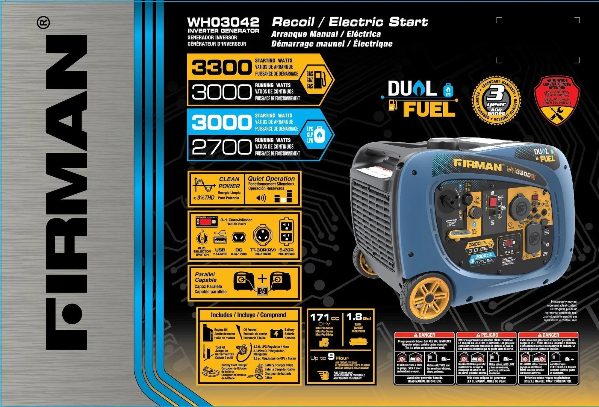 Firman WH03042 Portable 3300W Propane/3650W Gas Generator G89688