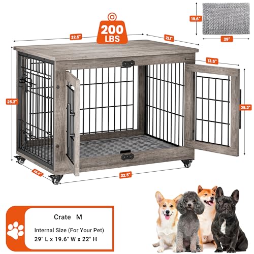 Lulive Dog Crate Furniture for Medium Dogs, 32" Wooden Kennel with Cushion & Wheels, Grey D230281