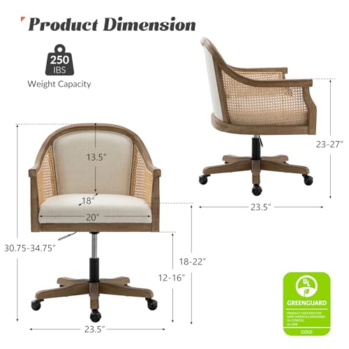HULALA HOME Rattan Desk Chair, Upholstered Swivel Office Chair with Armrest, Ivory Z2505