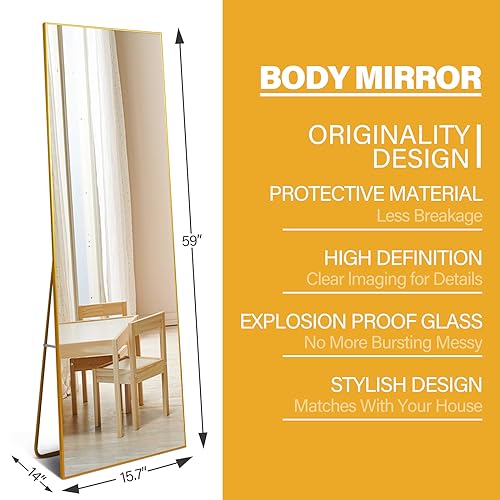 WIIS' IDEA Full Length Mirror with Stand, 59"x16" Floor Mirror, Black O584483